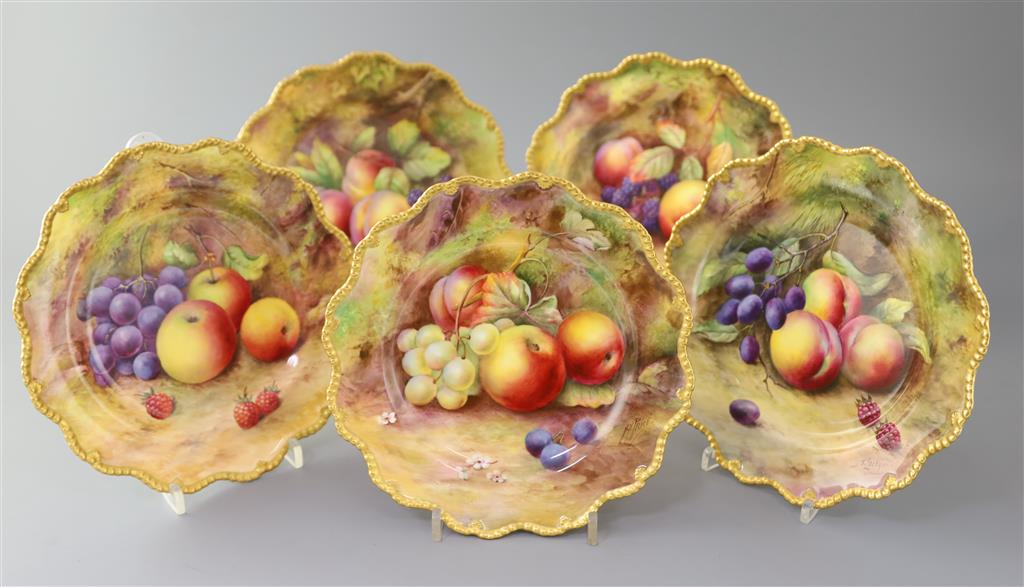 Five Royal Worcester fruit painted dessert plates, c.1929-1932, diameter 22cm
